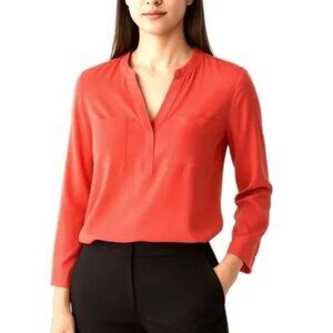 Lafayette 148 Silk Blouse | Soft Coral Split‑Neck Long Sleeve | Size 2